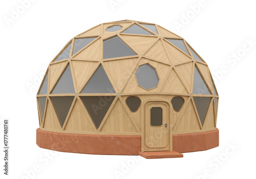 Fotografie Isolated geodesic dome house with wooden frame and window panels in a modern des
