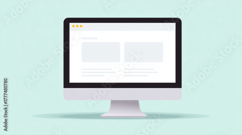 Front view of modern computer monitor with clean website layout on display screen. flat design shows simple web page template for business or marketing concept