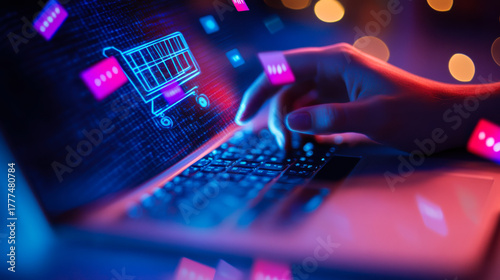 Hand using laptop to shop online with vivid digital graphics at night