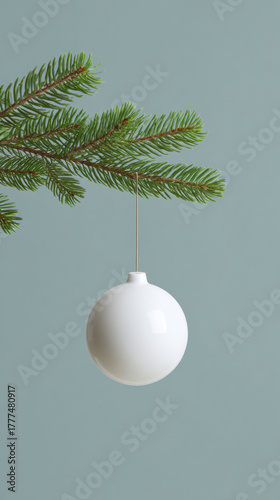 Single white christmas ornament or bauble hanging from green tree branch. minimalist holiday decoration with peaceful feeling against simple blue background