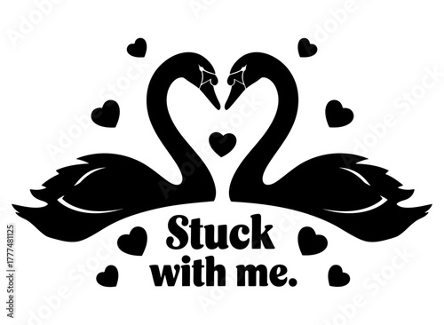 Elegant graphic of black swans forming a heart with necks, adorned with hearts, signifying unwavering love and devotion