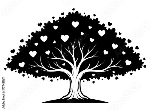 Black and White Tree of Love Hearts Blossoming in a Vector Graphic, Ideal for Romantic Designs