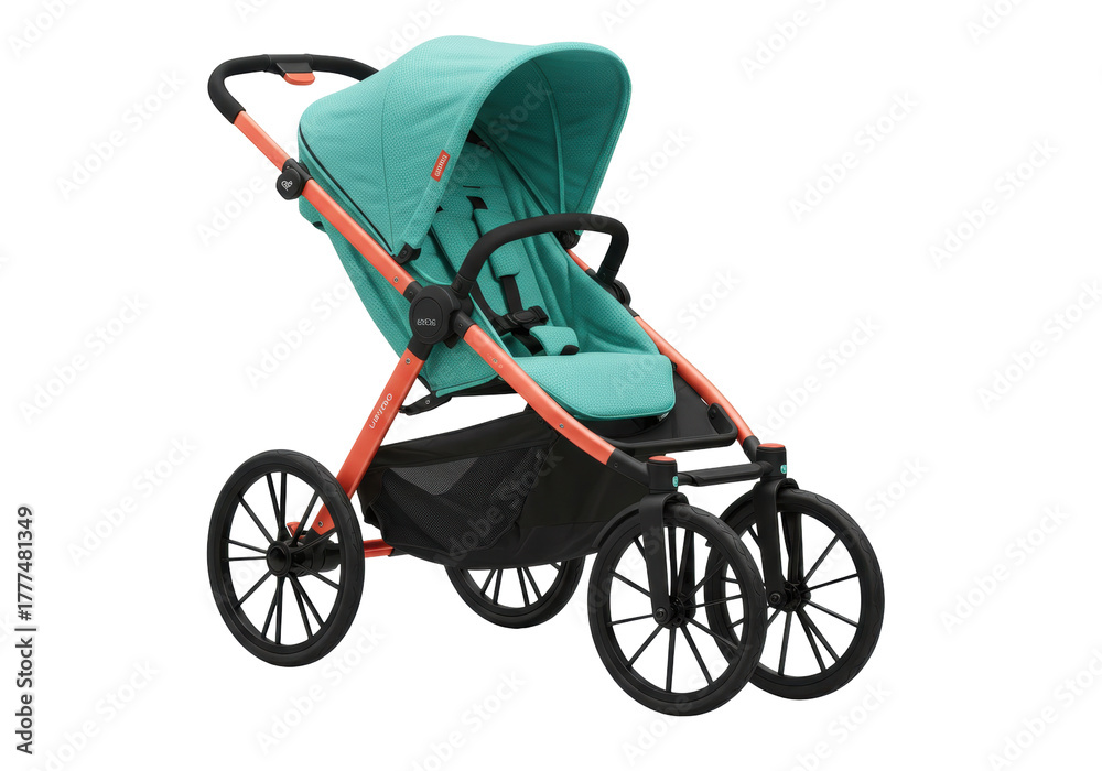 Fototapeta premium Isolated mint-colored baby stroller with orange frame, side view, for infants and toddlers