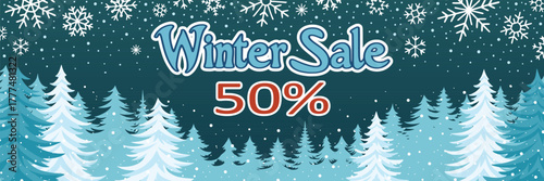 Winter banner, winter sale, forest and snowflakes, vector design