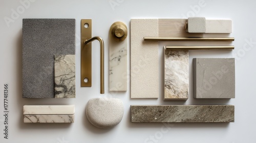 bathroom renovation moodboard with tile samples, faucet parts, marble
