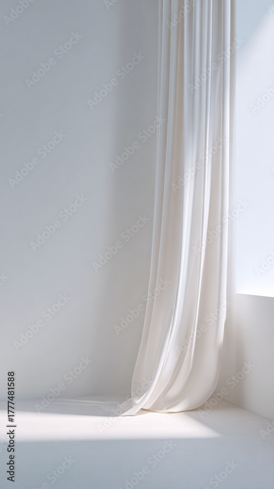 Fototapeta premium Serene white room corner with sheer curtain blowing by window. Morning sunlight casts soft light and shadow on floor, creating calm and peaceful minimalist interior