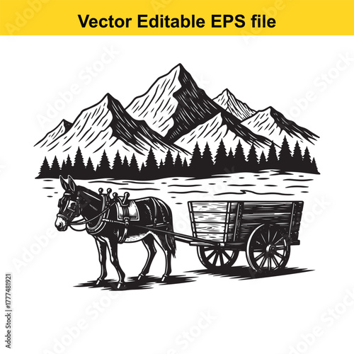 A donkey pulling a wooden cart through a mountainous landscape with pine trees
