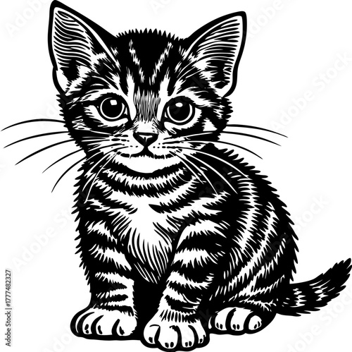 Create a highly detailed black-and-white hand-drawn sketch of a cute tabby kitten sitting with its front paws forward and large, expressive eyes. The fur should be textured with fine linework, and the