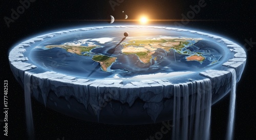 Illustration depicting the flat Earth concept shows a detailed disc floating in the starry void with continents and oceans bordered by ice cliffs. Concept and Science concept