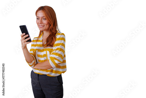 Woman with red hair smiling and using smartphone, communicating social media on transparent background