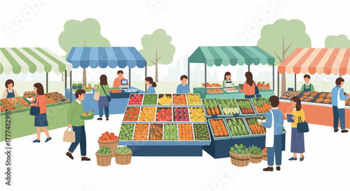 Vibrant Farmers Market Scene Shoppers Browsing Fresh Produce, Creating Community Atmosphere