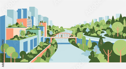 Urban Oasis A Scenic Illustration of City Buildings, Nature, and Tranquil River Flowing Through the Landscape