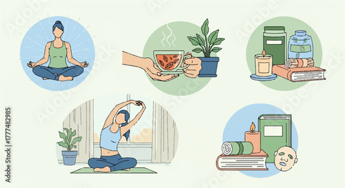 Wellness Routine Yoga, Tea, and Relaxation Elements in a Serene Illustrated Collection