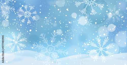 White falling snow, big snowdrifts, different snowflakes, festive Christmas background - Vector illustration