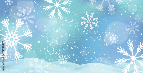 White falling snow, big snowdrifts, different snowflakes, festive Christmas background - Vector illustration
