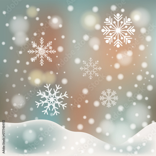 White falling snow, big snowdrifts, different snowflakes, festive Christmas background - Vector illustration
