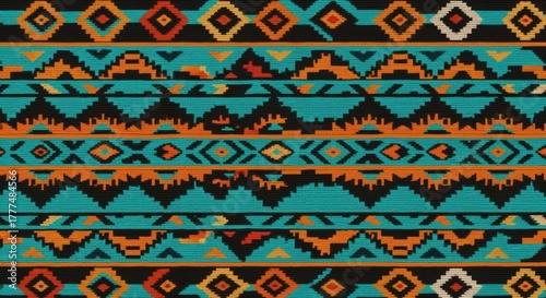 Colorful Aztec-inspired tribal pattern features seamless geometric rows of traditional motifs in bold colors with clean lines and repetitive symmetry. Culture and Design concept