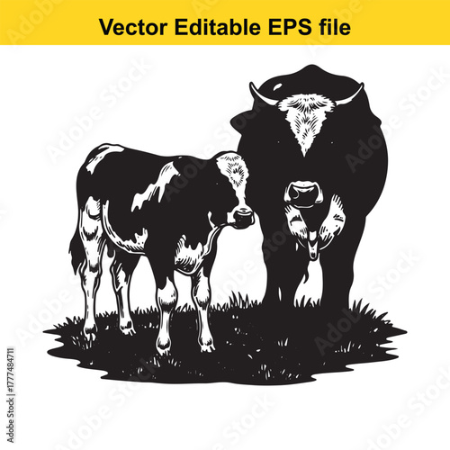 Black and white illustration of a cow and calf standing in grass, vector editable eps file