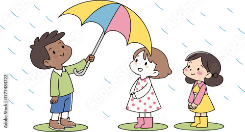 Three cartoon children, appearing to be around 6-8 years old, are depicted under the rain. The leftmost child is a boy with black hair, wearing a green shirt, blue shorts, and brown boots. He holds up