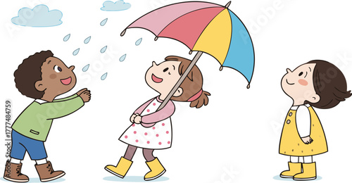 Three cartoon children, appearing to be around 6-8 years old, are depicted under the rain. The leftmost child is a boy with black hair, wearing a green shirt, blue shorts, and brown boots. He holds up