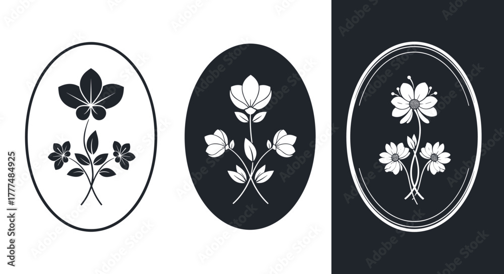 Naklejka premium Collection of three monochrome floral designs in oval frames, featuring elegant botanical illustrations in a minimalist style.