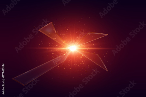 Explosion of glowing glass shards with bright light burst