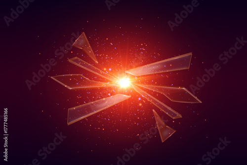 Explosion of glowing glass shards with bright light burst