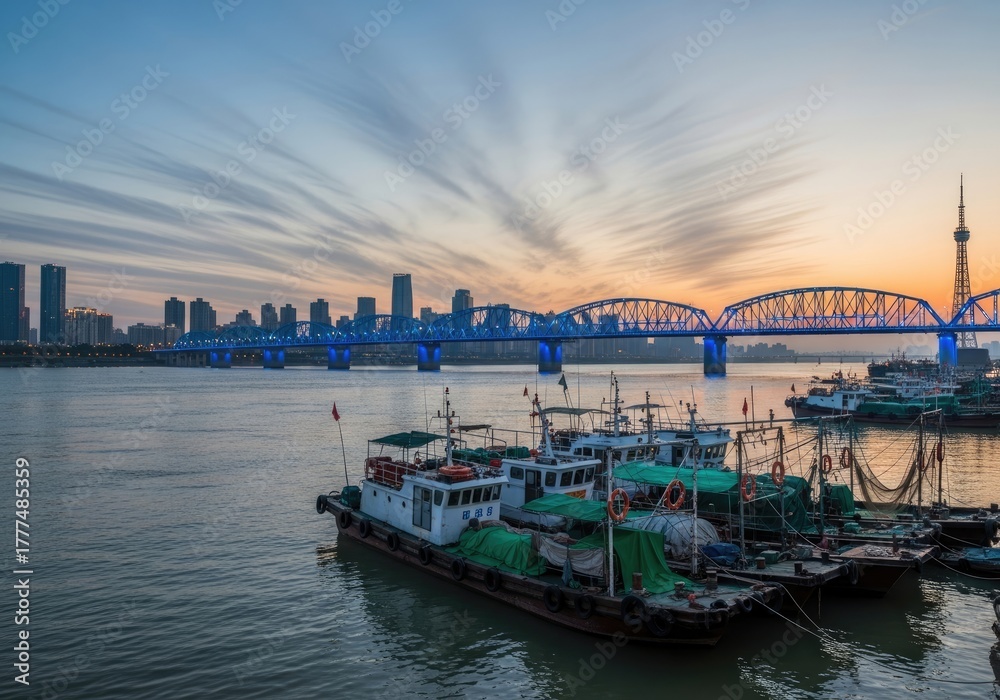 Naklejka premium Evening Scenery View with River, Modern Architecture, Bridge, and Anchored Boat