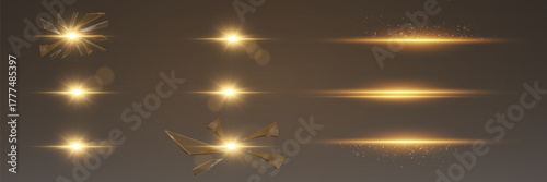 Glowing gold streaks, starbursts and broken glass shine effects