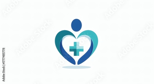 Healthcare logo features a human figure forming a heart with arms around a cross, designed with a professional and friendly blue color palette. Health and Design concept