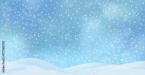 White falling snow, big snowdrifts, different snowflakes, festive Christmas background - Vector illustration
