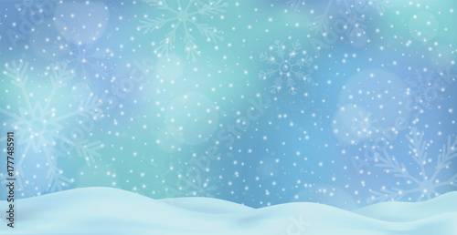 White falling snow, big snowdrifts, different snowflakes, festive Christmas background - Vector illustration