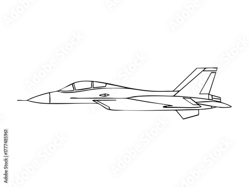 Jet fighter outline side view, simple black line drawing of modern military aircraft on a white background, ideal for coloring or design projects.