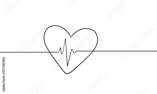 Heart and love flash, continuous line drawing. Thin flourish and romantic symbol in simple lineart style. Vector illustration