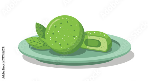 Freshly prepared green mochi dessert, featuring a whole piece and a sliced one revealing its rich filling, elegantly served on a plate with mint leaves.
