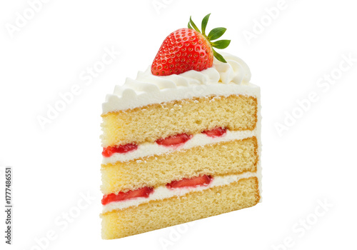 Isolated slice of strawberry shortcake with whipped cream and whole fruit topping sweet treat