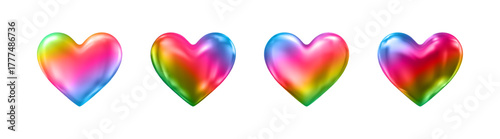 Vibrant iridescent jelly hearts with glossy 3D gradient texture. Shiny rainbow romantic icons in modern digital aesthetic. Colorful cute vector shapes for stickers, UI and kawaii design.