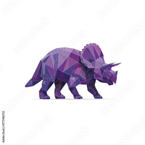 Polygonal purple Triceratops dinosaur illustration. Geometric low poly prehistoric reptile art on a clean white background.