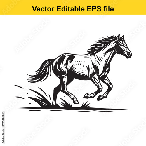 A majestic black and white illustration of a horse running with its mane flowing