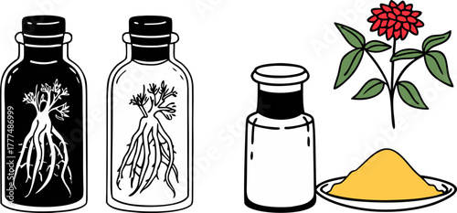 A stylized illustration showcasing various representations of ginseng. Two jars with cork stoppers each house a ginseng root, one is black and white, the other a warm, golden hue. A complete ginseng p