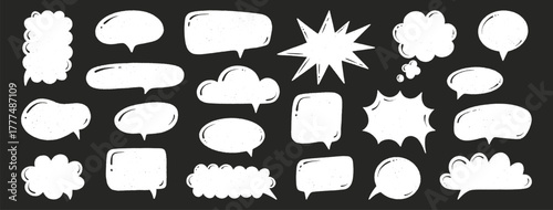 Crayon speech bubble set. Chat talk boxes. Chalk draw silhouette frames. Kid doodle dialogue balloon cloud. Pencil drawing, white thought elements, black background. Vector illustration
