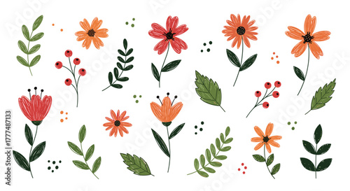 A charming collection of hand-drawn flowers, leaves, and berries in warm hues, suitable for various spring and nature-themed creative projects.