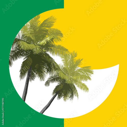 Stylized tropical palm trees in a white circular frame with a vibrant yellow and green split background, summer vacation graphic.