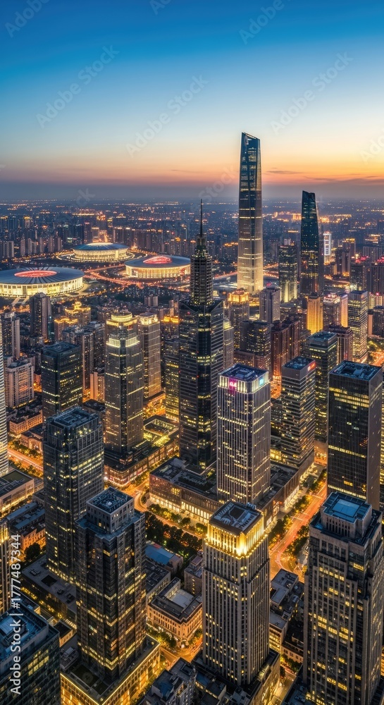 Fototapeta premium Illuminated Asian city view at dusk, showcasing skyscrapers, roads, and stadiums