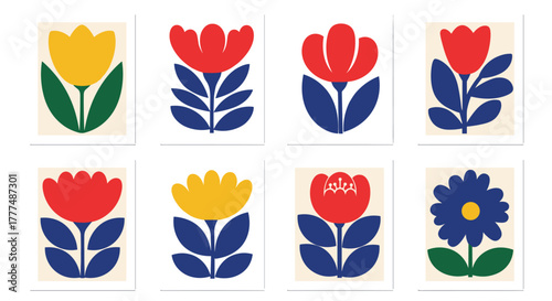 Collection of vibrant, minimalist floral illustrations in a folk art style, featuring various stylized flowers and leaves.