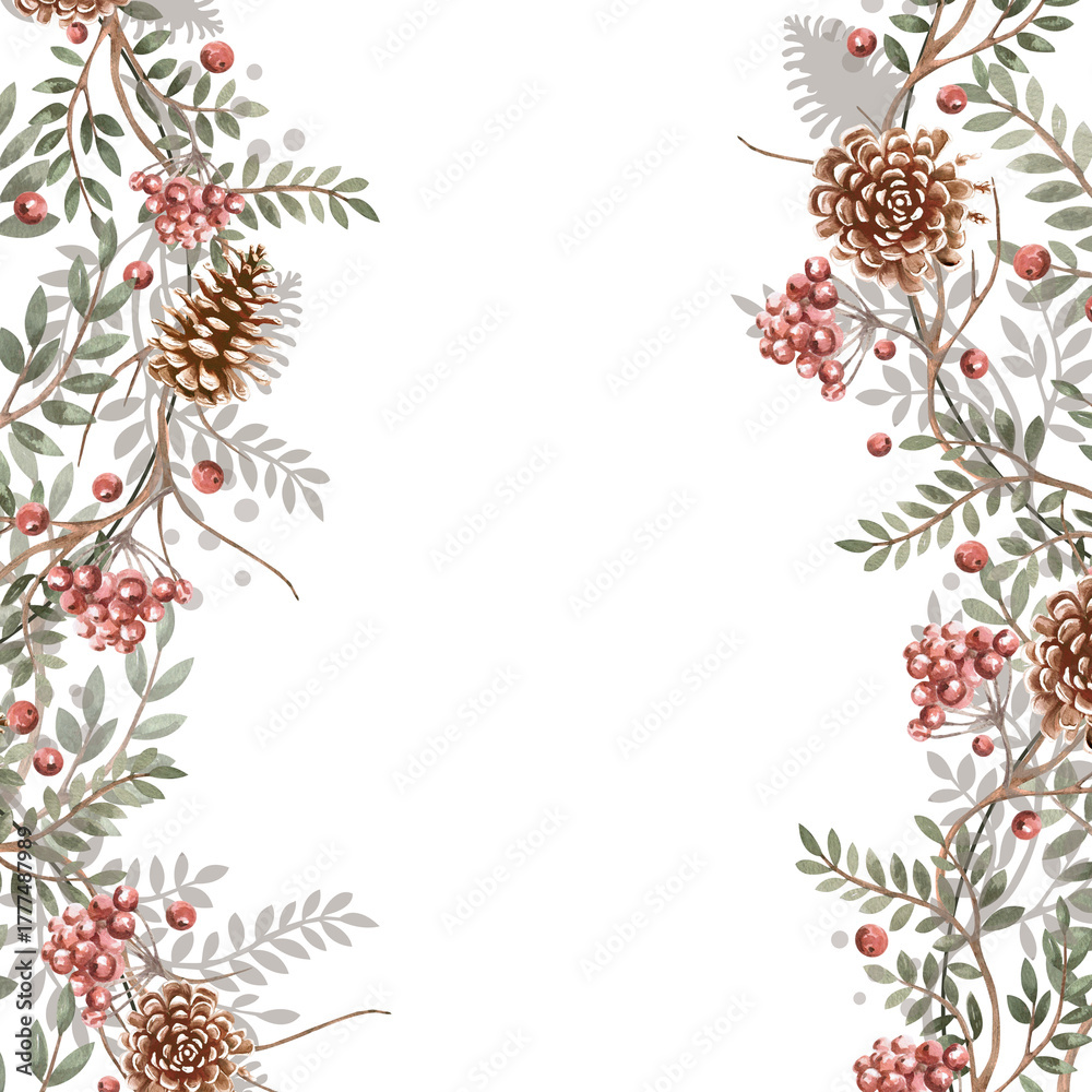 Fototapeta premium A square frame with a composition of branches and pine cones. Isolated watercolor illustration for Christmas packaging design, interior decoration, and printing on posters, fabrics, and cards.