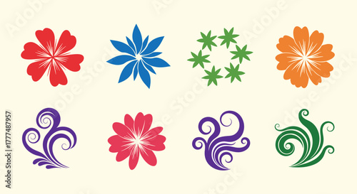 Abstract flower and floral swirl designs in a vibrant color palette, perfect for decorative backgrounds and nature-inspired themes.