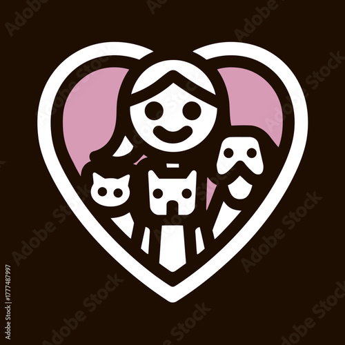 Smiling person with beloved cats and dog embraced in a heart shape, symbolizing pet love, animal care, and companionship.