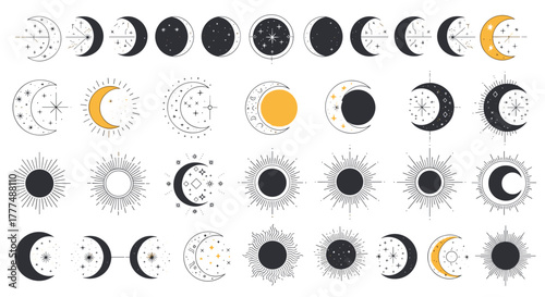 Set of mystical celestial symbols featuring diverse moon phases, sunbursts, and starry crescent moons, ideal for astrology and esoteric themes.