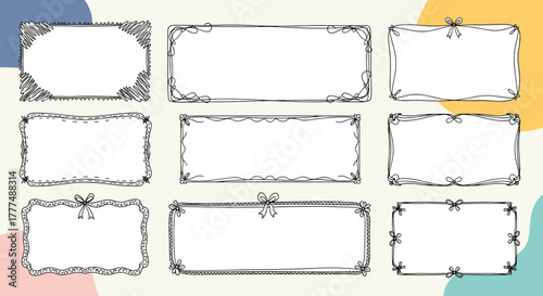 A charming collection of nine unique hand-drawn doodle frames, featuring various artistic borders, ribbons, and decorative accents for design projects.